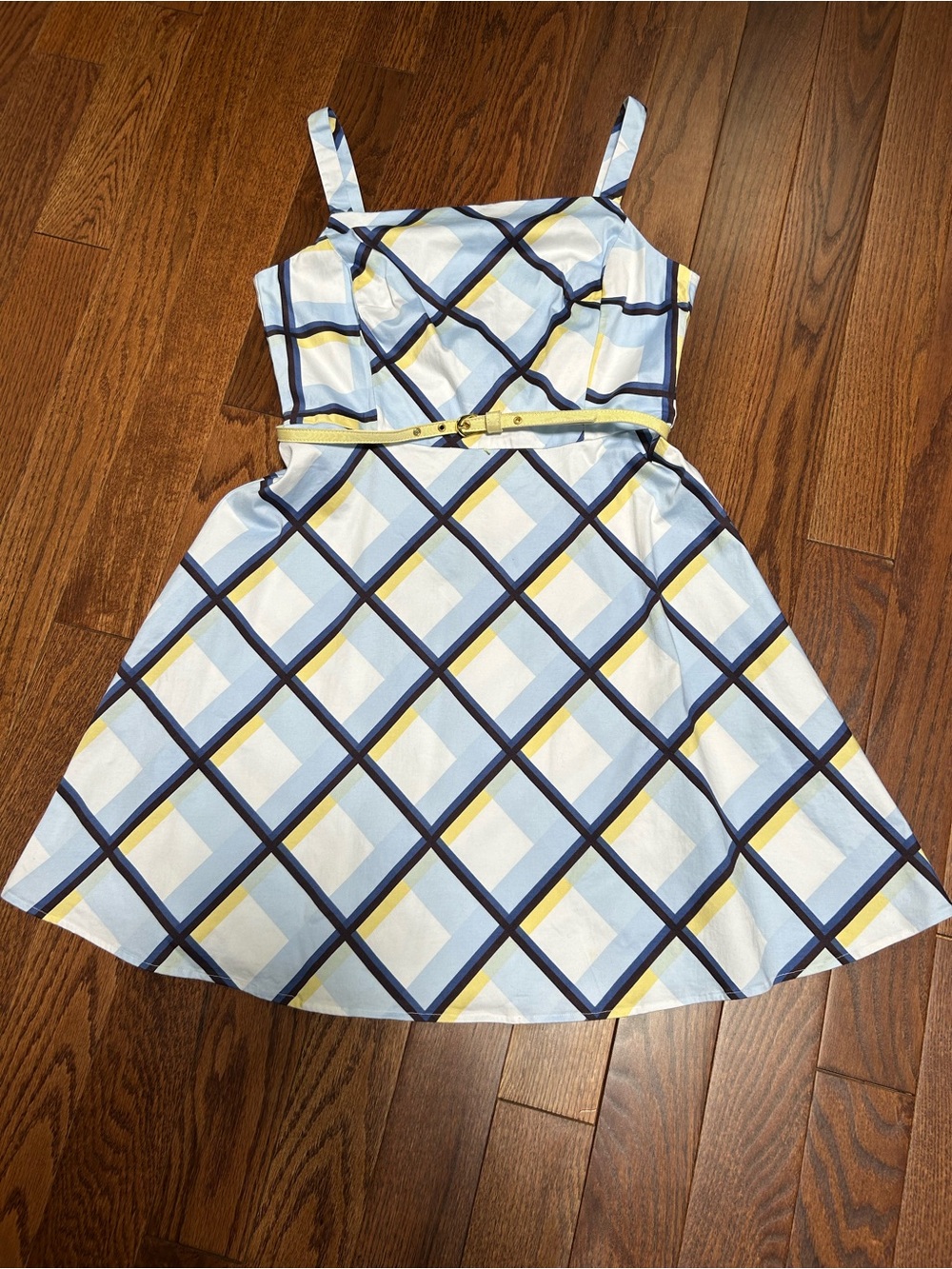 Dress Barn Light Blue Plaid Sundress with Yellow Belt Size 12